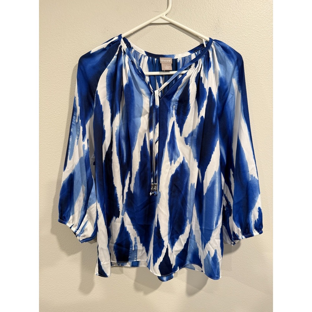 Chico's Blouse Women's Size 8/10 Blue White Watercolor‎ Long Sleeve Lace Up Neck